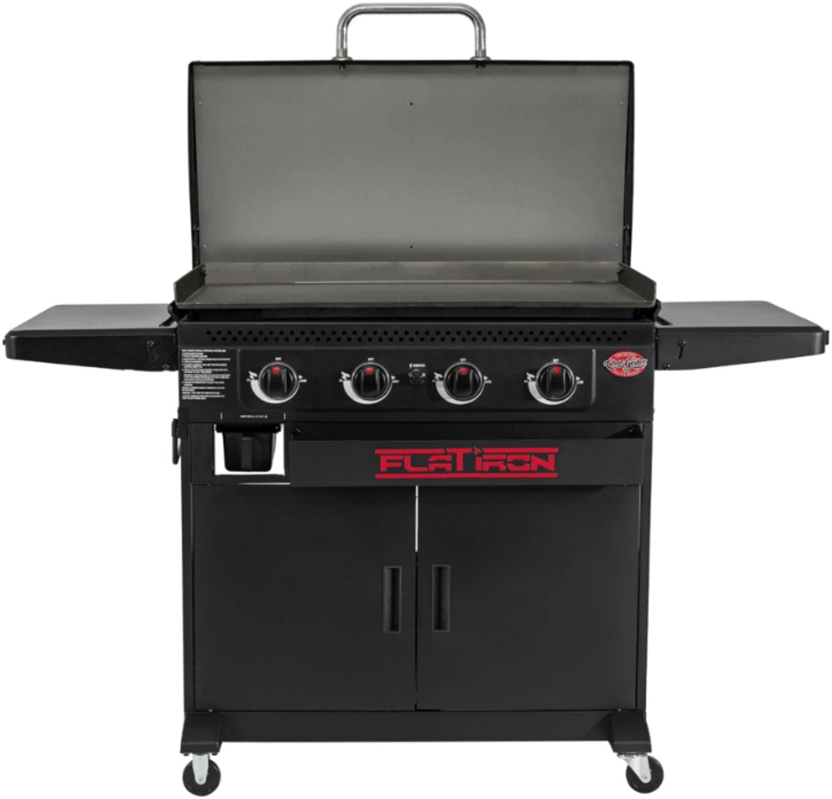 Holzkohlegriller, Flacheisen-Gas-Plancha mit 4 Brennern und Deckel – Gas-Grillplatte mit Schrank – große Stahl-Grillplatte mit Porzellanbeschichtung – für 6–8 Personen