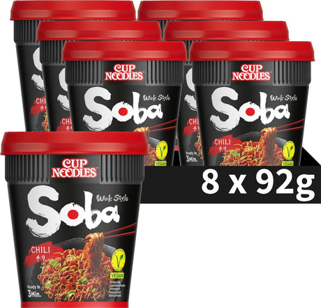 Nissin Soba Cup Nudeln – Nudeln im Chili-Wok-Stil – Instantnudeln – vegan – 8 Stück
