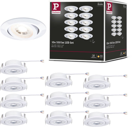 Paulmann led-inbouwlamp 3-step-dim set van 10 zwenkbaar rond 82 mm 70° 10x4,8w 10x450lm 230v dimbaar 3000k wit