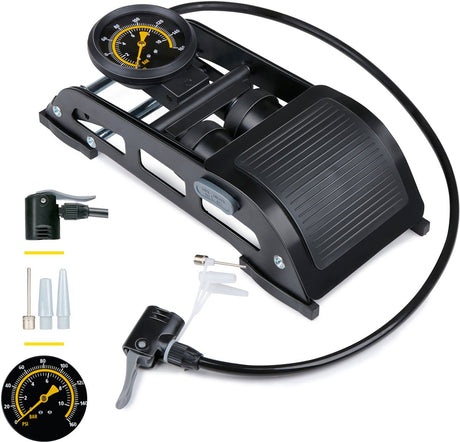 Dunlop Doppelfußpumpe mit Manometer – Luftpumpe für Auto, Fahrrad, Motorrad und Ball – Fahrradpumpe mit Manometer – Pumpe mit Schrader-Ventil und französischem Ventil universal