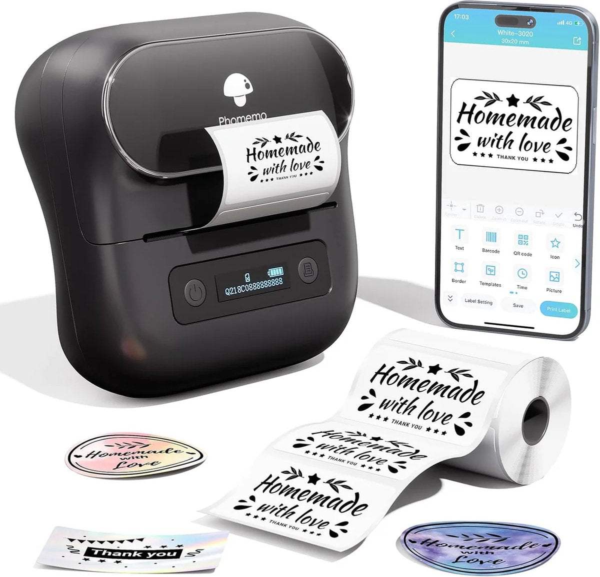 Phomemo m220 - portable label printer - draadloze thermische labelprinter - met app - labels inbegrepen - bluetooth - zwart