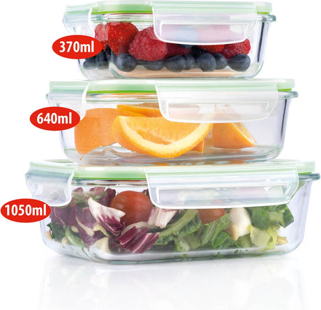 Alpina Lebensmittelbehälter 3-teilig – Gefrierbehälter mit Deckel – Meal-Prep-Behälter aus Glas – ofen-, gefrier-, mikrowellen- und spülmaschinenfest – 370, 640 und 1050 ml