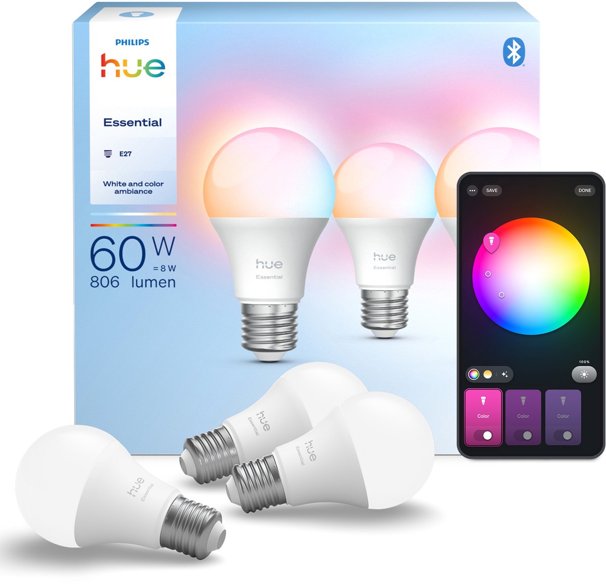 Philips hue essential slimme a60 lamp - wit en gekleurd licht - 3-pack