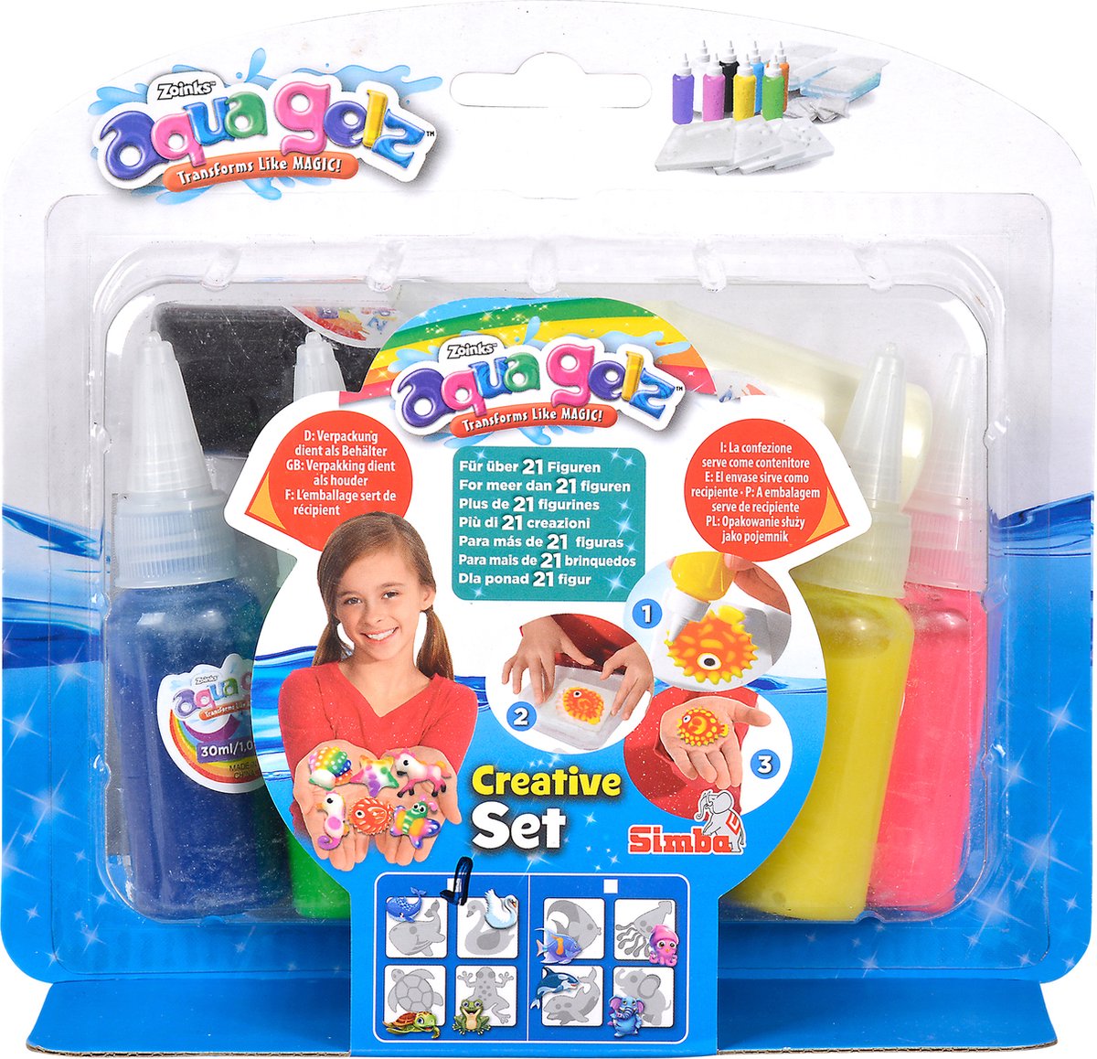 Simba Aqua Gelz Kreativset, 7 Flaschen Farbgel à 30 ml, 4 Formen, 4x Wasserzusatz, ab 8 Jahren - Hobbypaket