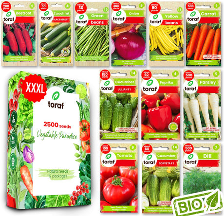 Toraf groentezaad xxl set 12 zakjes 2500 zaden biet, ui, bonen, komkommer, tomaat meer biologisch gmo-vrij