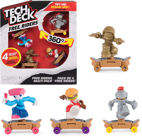 Spin master tech deck - free riders 4-pack set met fingerboard en fidgetspeeltje met 4 unieke figuren skateboardspeelgoed en speelgoedfiguren