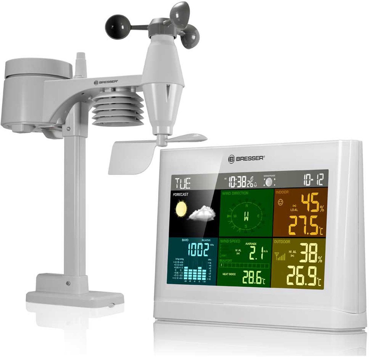 Bresser Wetterstation 5-in-1 – mit multifunktionalem Außensensor – mit Regen- und Windmesser – Weiß