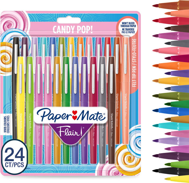 Paper Mate Flair Filzstifte | mittlere Spitze (0,7 mm) | verschiedene Candy-Pop-Farben | 24 Stück
