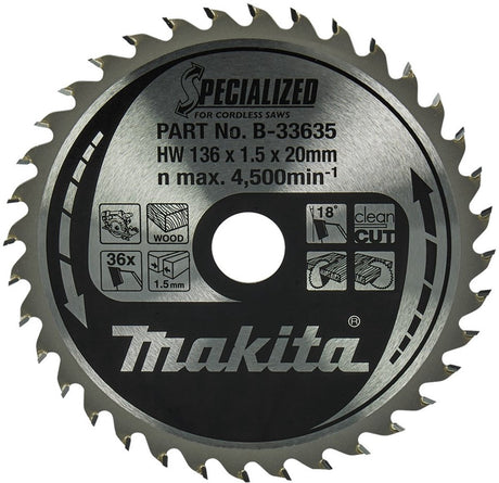 Makita Kreissägeblatt für Holz | spezialisiert: Batterie | ø 136 mm Achsloch 20 mm 36 Zähne – B-33635