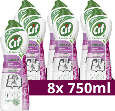 Cif - cleanboost schuurmiddel - cream pink flower - met 100% natuurlijke bestanddelen, 1 product voor 101 oppervlakken - 8 flessen x 750 ml