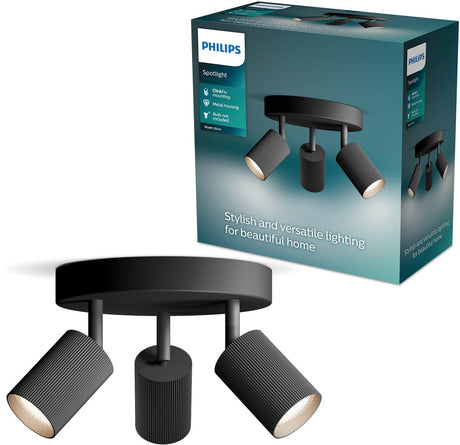 Philips led philips wyatt opbouwspot - led gu10 fitting - richtbaar - 3 lichtpunten - ronde basisplaat - clickfix - zwart