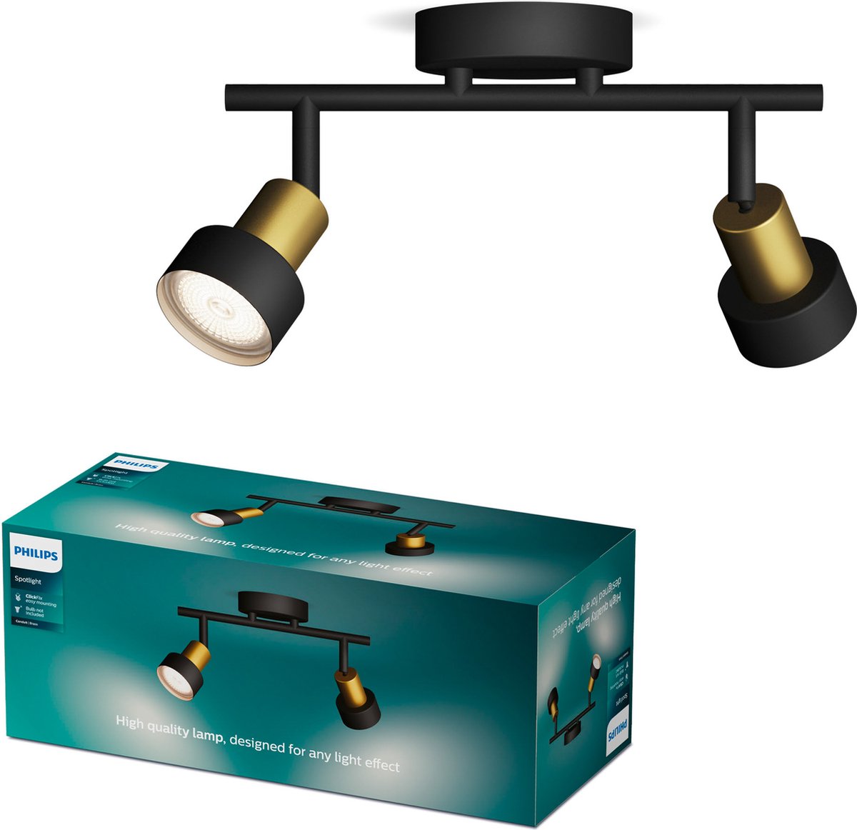 Philips led philips conduit spot - plafondspot met twee lichtpunten - zwart met goud design - gu10 led fitting