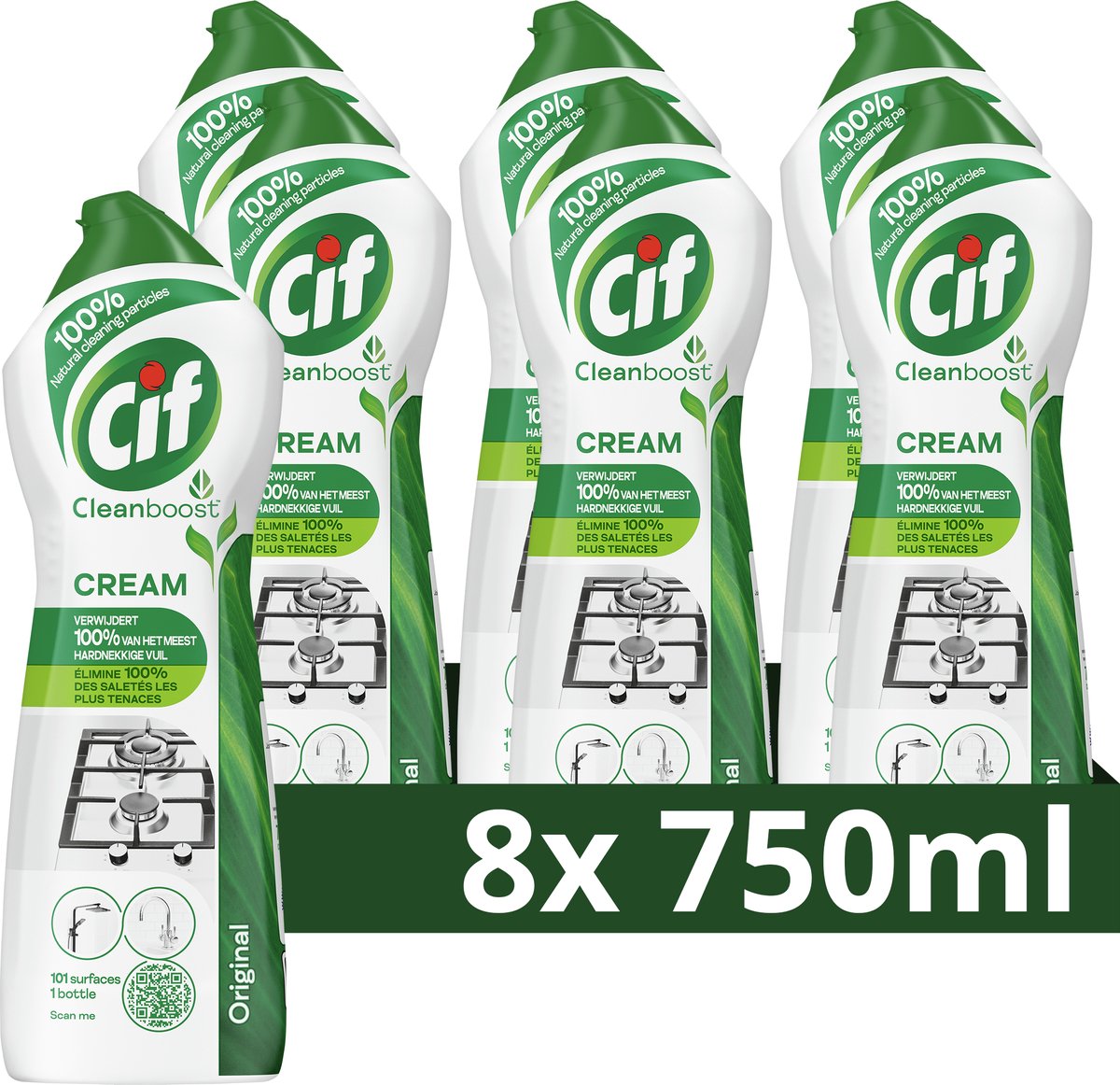 Cif - cleanboost schuurmiddel - 100% natuurlijke bestanddelen - 101 oppervlakken - 8 x 750 ml