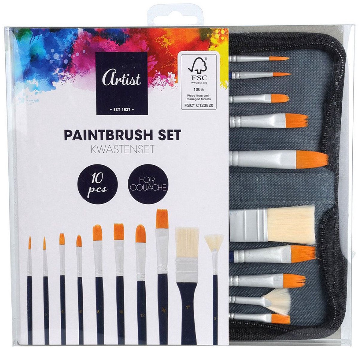 Pinselset für Gouache in Aufbewahrungstasche. 10 Stk.