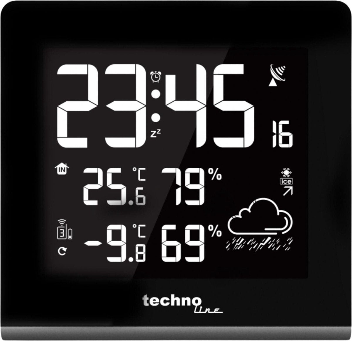 Technoline Wetterstation – ws 9065 – 165 x 170 x 26 mm – Schwarz Silber – mit 1 Außensensor 30 m und einstellbarer Hintergrundbeleuchtung – tl-ws9065