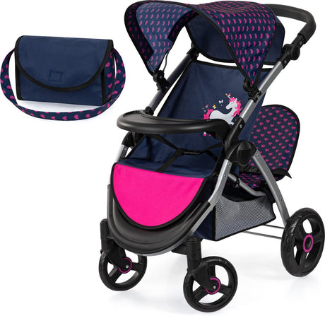 Bayer Design Zwillingspuppenwagen Twin Xeo, Doppelpuppenwagen, verstellbarer Schiebebügel, Tasche