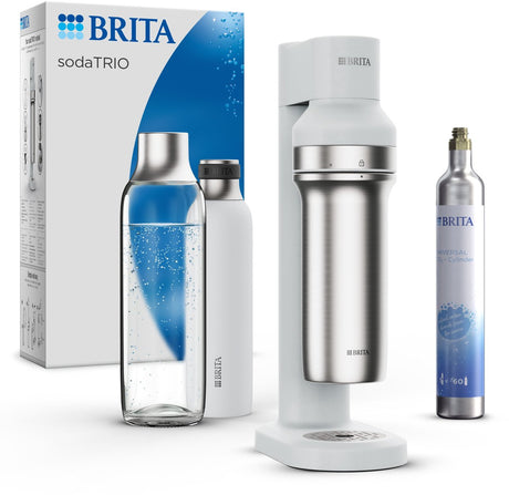 Brita - Soda Trio - Sprudelwasserbereiter - Soda - weiß - inkl. 1 Flaschensockel, 1 CO2-Zylinder, 1 Glasflasche, 1 kleine Edelstahlflasche