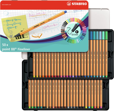 Stabilo point 88 – Fineliner 0,4 mm – 50 Stück Metalletui – mit 47 verschiedenen Farben
