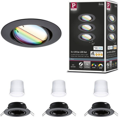 Paulmann led-inbouwlamp smart home zigbee 3.0 base coin basisset zwenkbaar rond 90 mm 20° coin 3x4,9w 3x420lm 230v dimbaar rgbw+ zwart mat