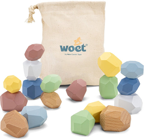 Woet ® houten balansblokken - 18-delige stapelstenen set - montessori stapelspeelgoed met handige opbergzak - vanaf 18 maanden