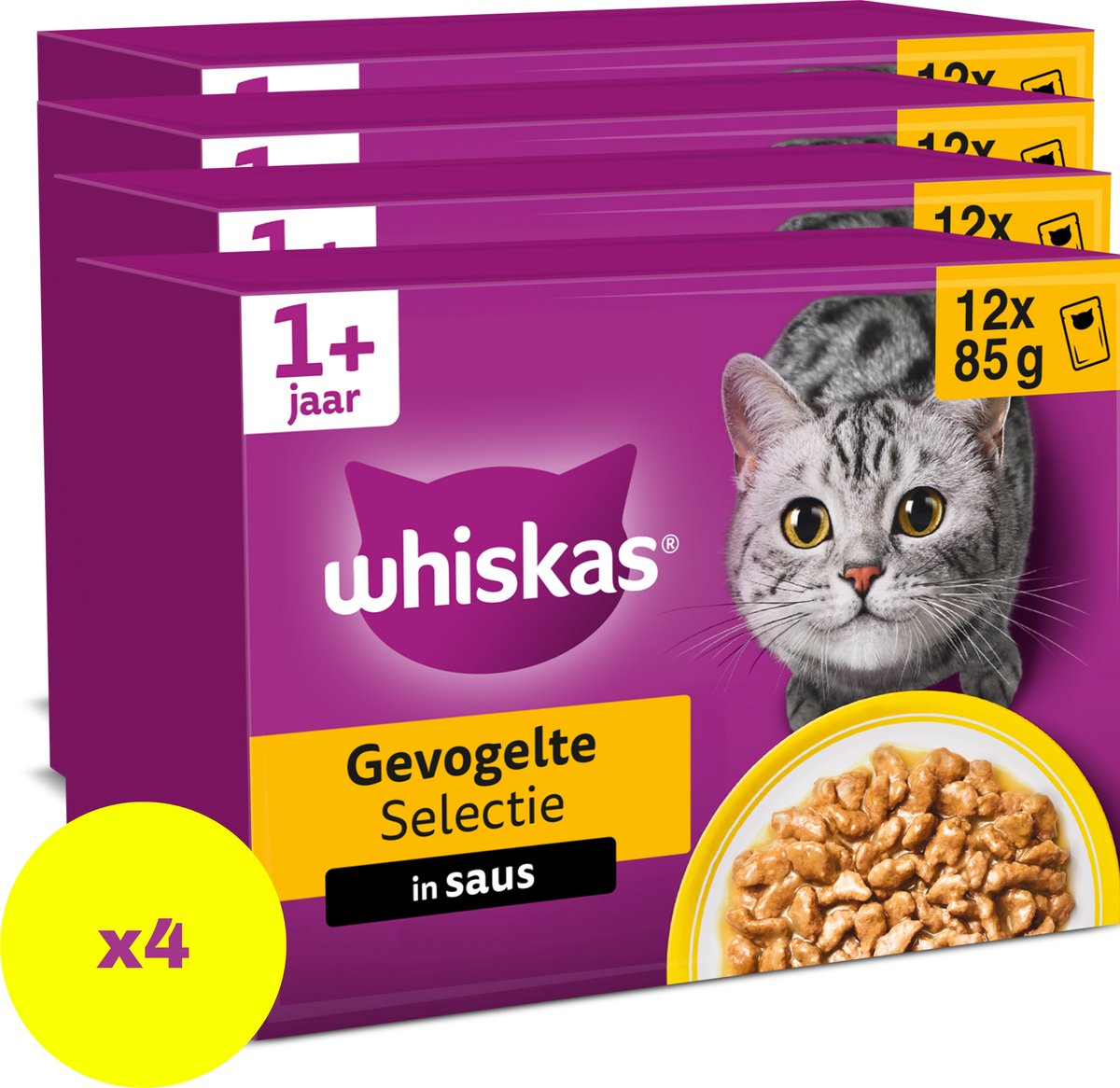 Whiskas Katzenfutter – Erwachsene ab 1 Jahr – Geflügelauswahl in Soße – 48 x 85 g