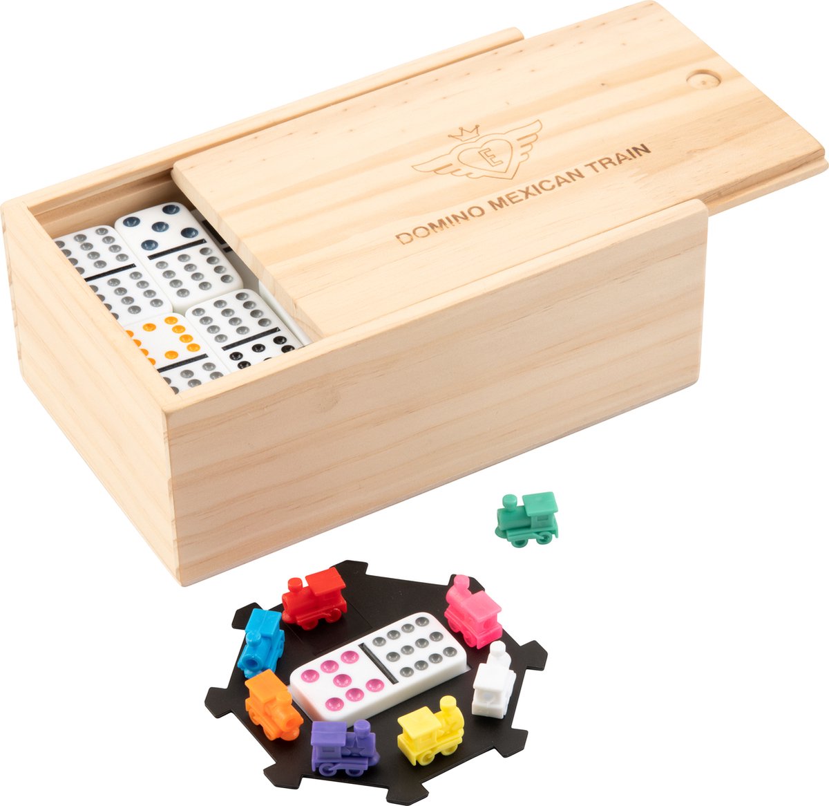 Engelhart Domino Double 12 mexikanischer Zug – 91 Spielsteine mit farbigen Augen – Holzkiste mit Schiebedeckel – inklusive Bahnhofszügen – strategisches Familienspiel –