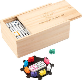 Engelhart Domino Double 12 mexikanischer Zug – 91 Spielsteine mit farbigen Augen – Holzkiste mit Schiebedeckel – inklusive Bahnhofszügen – strategisches Familienspiel –