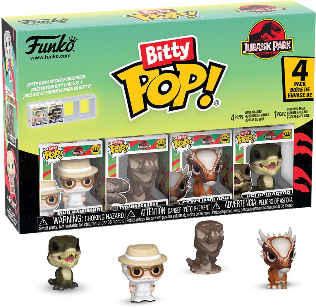 Jurassic Park John Hammond – Tyrannosaurus – Stygimoloch – Velociraptor – (Bitty Pop! Chase-Figur möglich! Hatchling Raptor) 4er-Pack Vinylfigur Unisex Funko Bitty Pop! - neutral - Standard