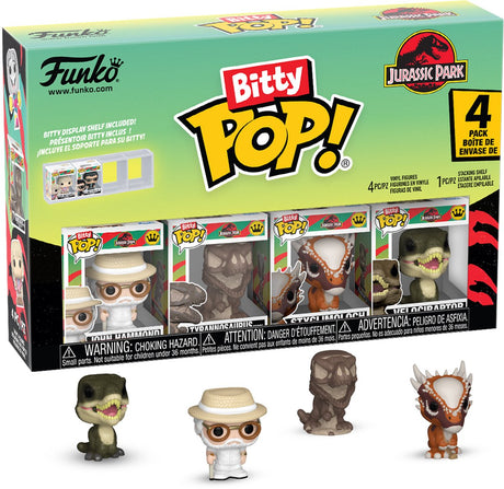 Jurassic Park John Hammond – Tyrannosaurus – Stygimoloch – Velociraptor – (Bitty Pop! Chase-Figur möglich! Hatchling Raptor) 4er-Pack Vinylfigur Unisex Funko Bitty Pop! - neutral - Standard