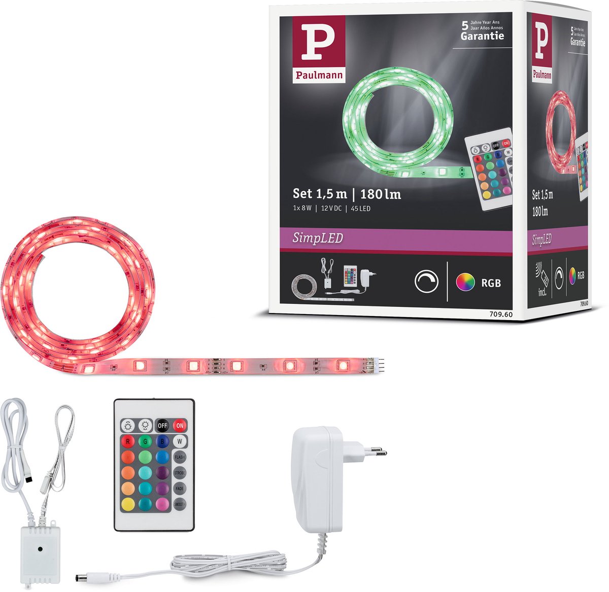 Paulmann einfacher LED-Streifen 1,5 Meter RGB – Plug-Play-Set – 8 W – 12 V – weiß – Metall-Kunststoff
