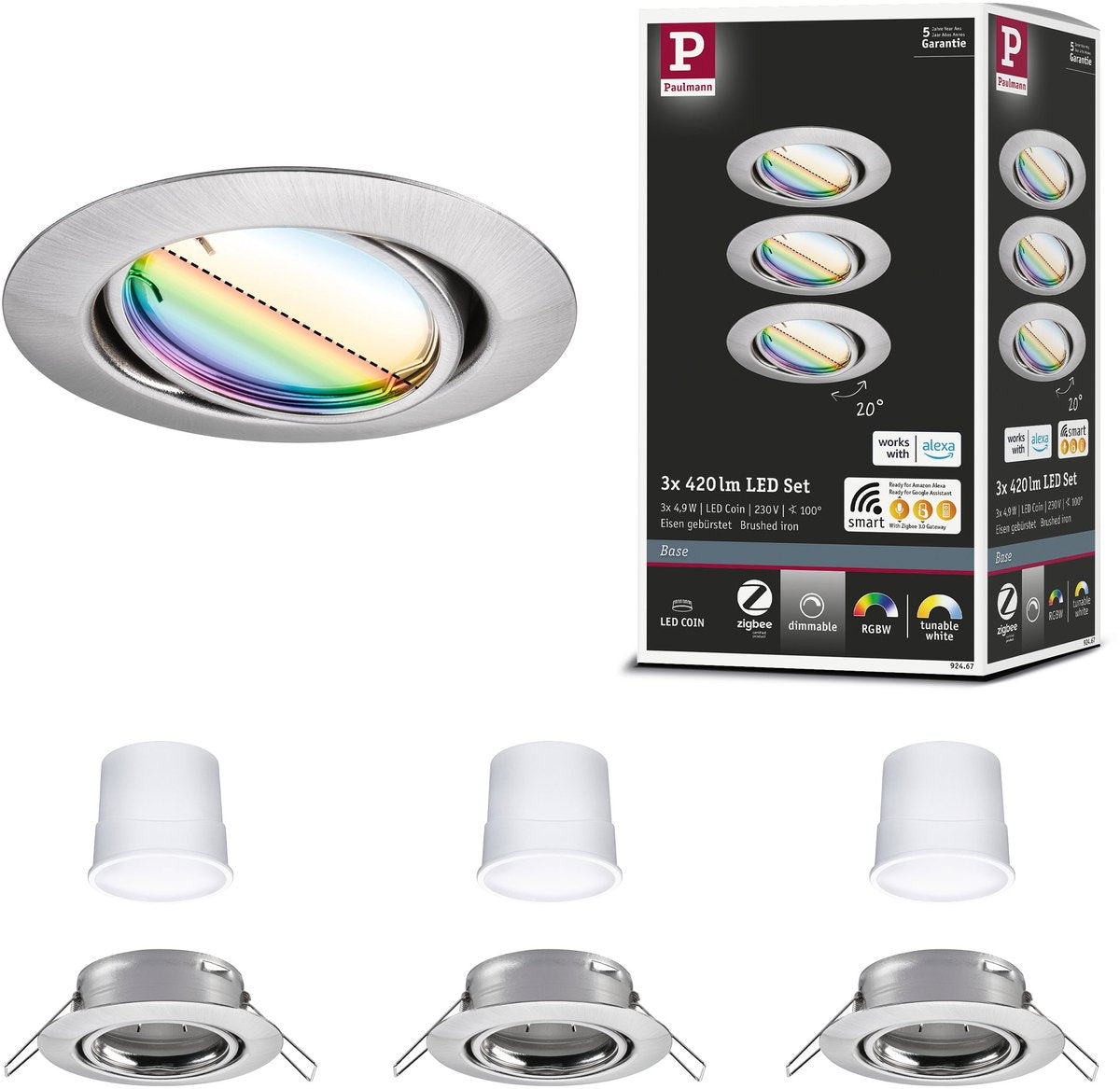 Paulmann LED Einbauleuchte Smart Home Zigbee 3.0 Sockel Münzsockel Set schwenkbar rund 90 mm 20° Münze 3x4,9W 3x420lm 230V dimmbar RGBW+ Stahl gebürstet