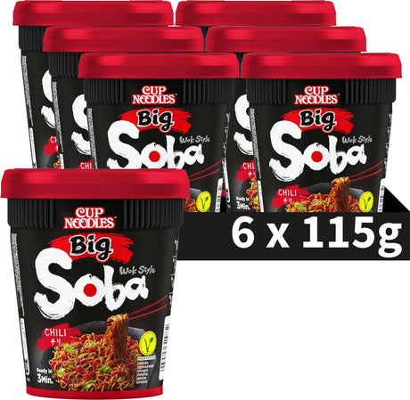 Nissin Soba Cup Nudeln groß – Nudeln im Chili-Wok-Stil – Instantnudeln – vegan – 6 x 115 Gramm