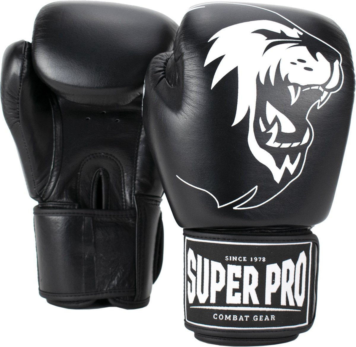 Super pro combat gear warrior lederen (kick)bokshandschoenen zwart wit 8oz