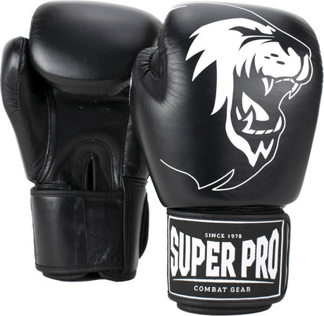 Super pro combat gear warrior lederen (kick)bokshandschoenen zwart wit 16oz 16 oz