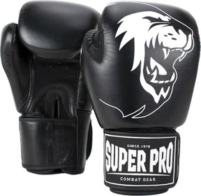 Super pro combat gear warrior lederen (kick)bokshandschoenen zwart wit 16oz