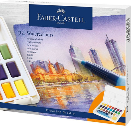 Faber-Castell Aquarell-Set – Box mit Näpfchen – abnehmbare Palette – 24 Farben – FC-169724