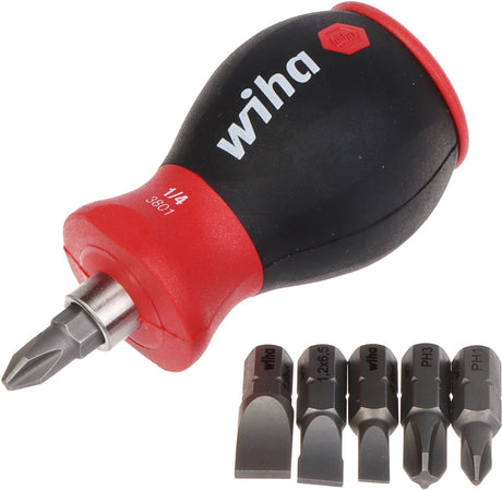 Wiha Schraubendreher mit Bitmagazin magnetisch Phillips, Schlitzkopf mit 6 Bits, Stubby, 1 4 im Blister – 33738