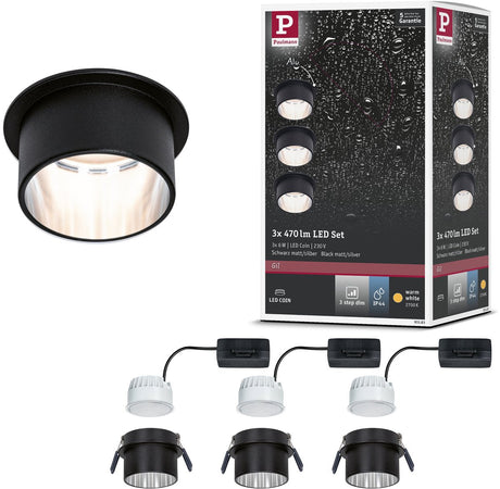 Paulmann LED Einbauleuchte 3-Stufen-dimmen Gil Coin Basisset IP44 rund 68 mm Coin 3x6W 3x470lm 230V dimmbar 2700K Schwarz matt, Stahl gebürstet