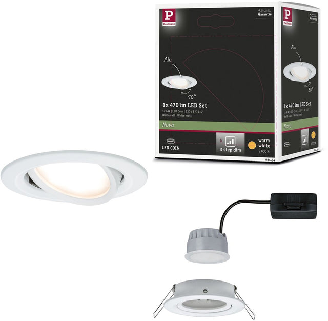 Paulmann LED Einbauleuchte 3-Stufen-Dim Nova Coin schwenkbar rund 84 mm 50° Coin 6W 470lm 230V dimmbar 2700K Weiß matt