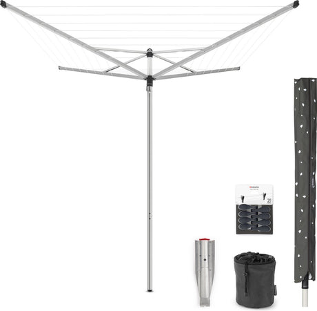 Brabantia Top-Spinner-Wäschetrockner – 40 m – mit Erdanker aus Metall – Schutzhülle – Wäscheklammerbeutel und Wäscheklammern – Metallic-Grau