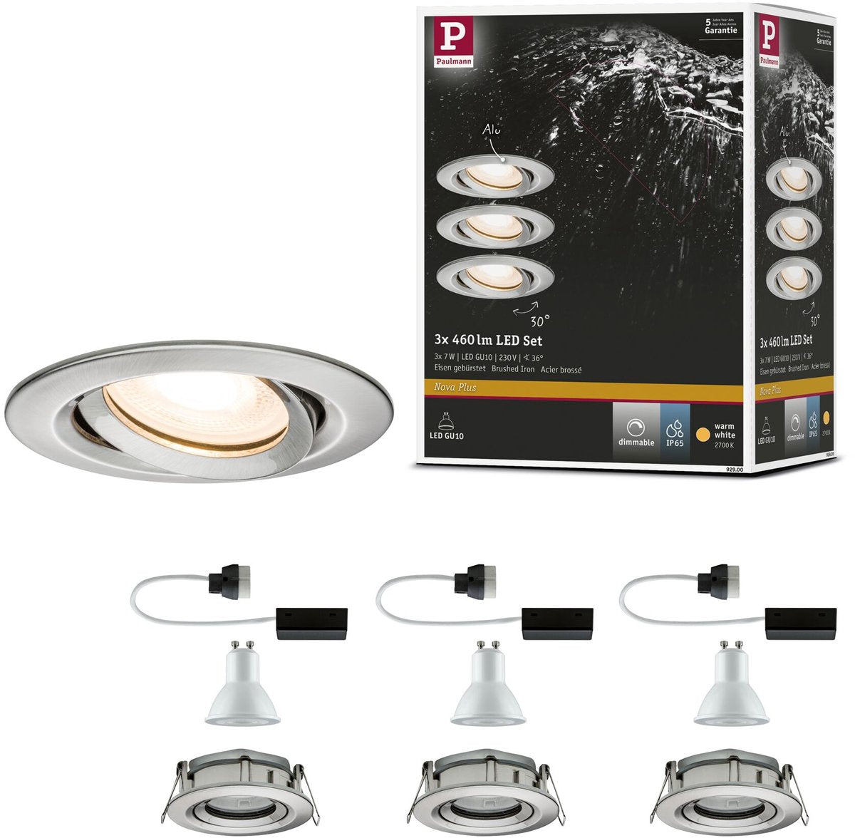 Paulmann LED Einbauleuchte Nova Plus 3er Set schwenkbar IP65 rund 93 mm 30° Gu10 3x7W 3x460lm 230V dimmbar 2700K Stahl gebürstet