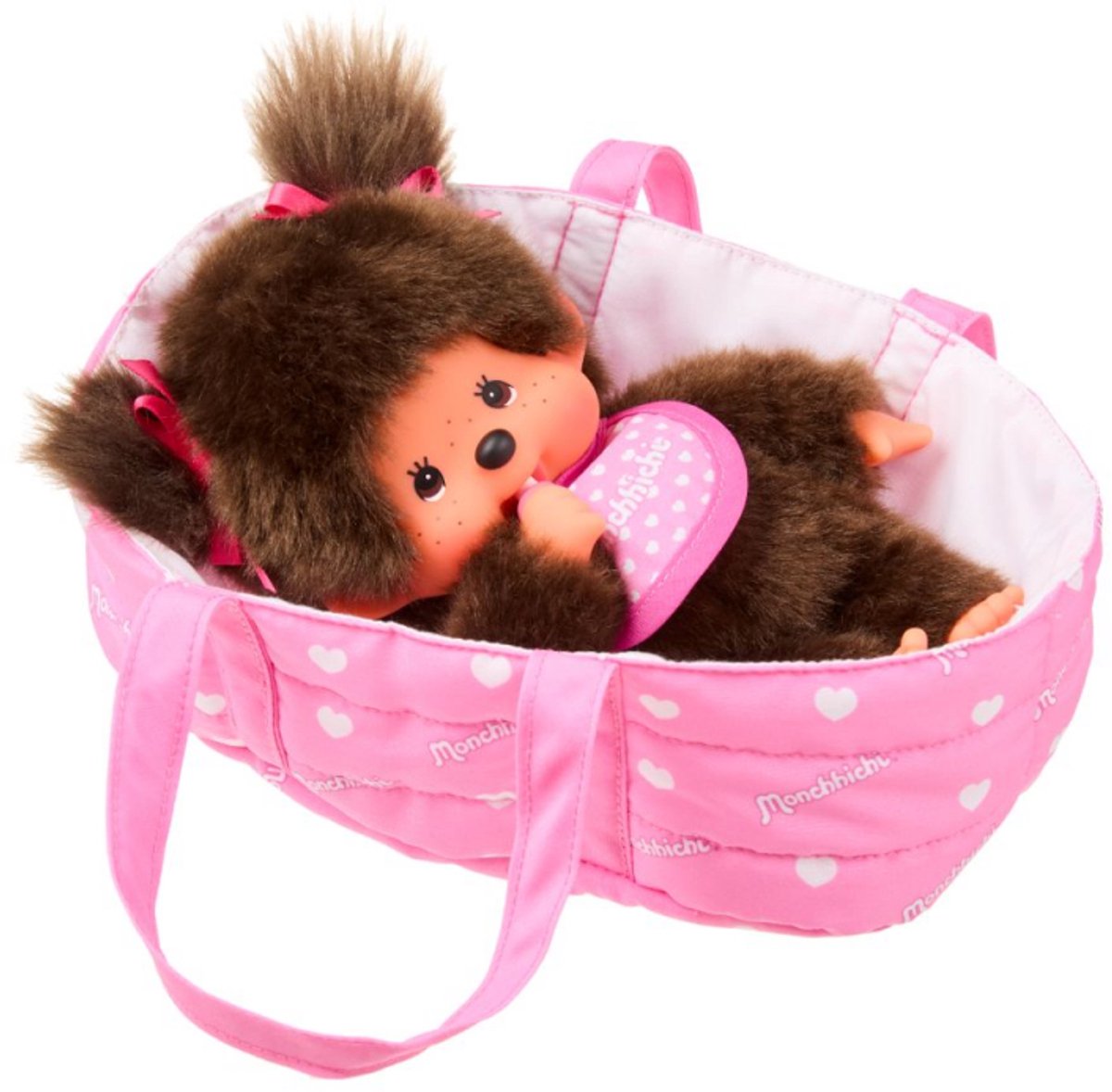 Monchhichi Plüschpuppe mit Tragekorb – 20 cm – süßes Spielzeug.