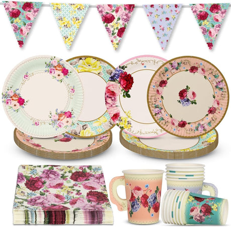 Talking tables vintage wegwerp theefeest set met 50 stuks voor 16 gasten – papieren borden, theekopjes, servetten en vlaggenlijn voor afternoon tea, bloemendecoraties en tafelaankleding – ideaal voor babyshowers, verjaardagen en theefeestjes
