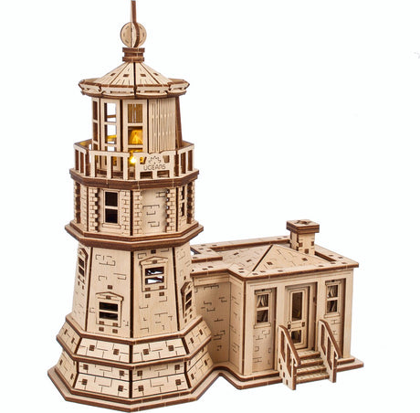 Ugears 3D-Holzmodell – Leuchtturm aus gespaltenem Fels mit Licht