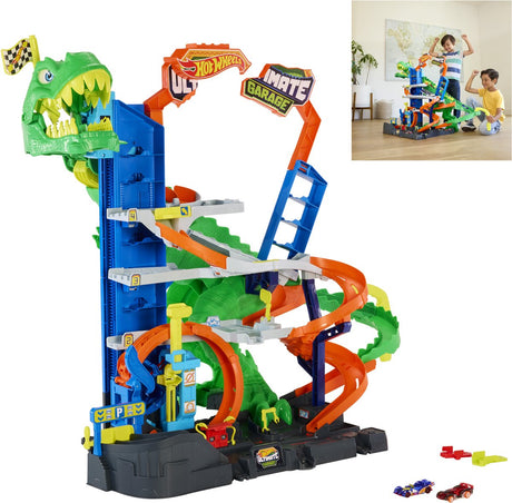 Hot wheels city ultieme t-rex garage - met 2 speelgoedauto's en opbergruimte voor meer dan 50 auto's