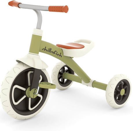 Chillafish Dreirad 1 Jahr für Jungen mit Anti-Rutsch-Pedalen – Retro-Laufrad für Kleinkinder bis 5 Jahre – grün – leicht und stabil mit Tragegriff – leise Anti-Rutsch-Reifen für drinnen und draußen – Modell Ziggi