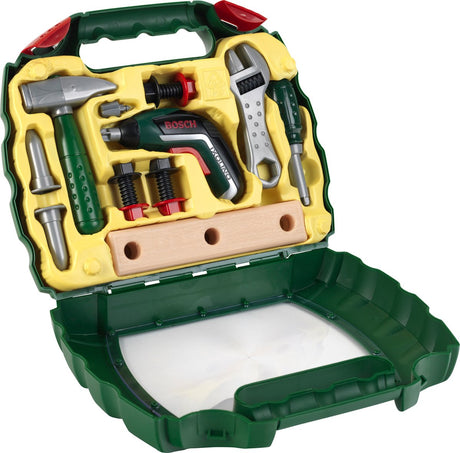 Klein Toys Bosch Mini Toy Ixolino II Arbeitskoffer – Akkuschrauber und weitere Werkzeuge – inkl. Ton- und Lichteffekte - grün gelb