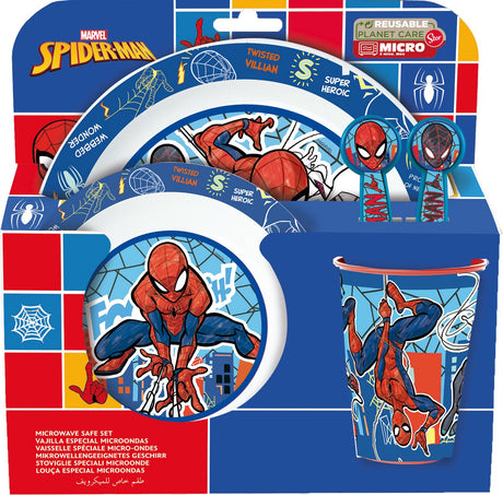 Stor Marvel's Spider-Man Kindergeschirr – 5-teilig – wiederverwendbar – inklusive Teller, Schüssel, Besteck und Tasse – spülmaschinen- und mikrowellenfest, BPA-frei – weiß, blau, rot