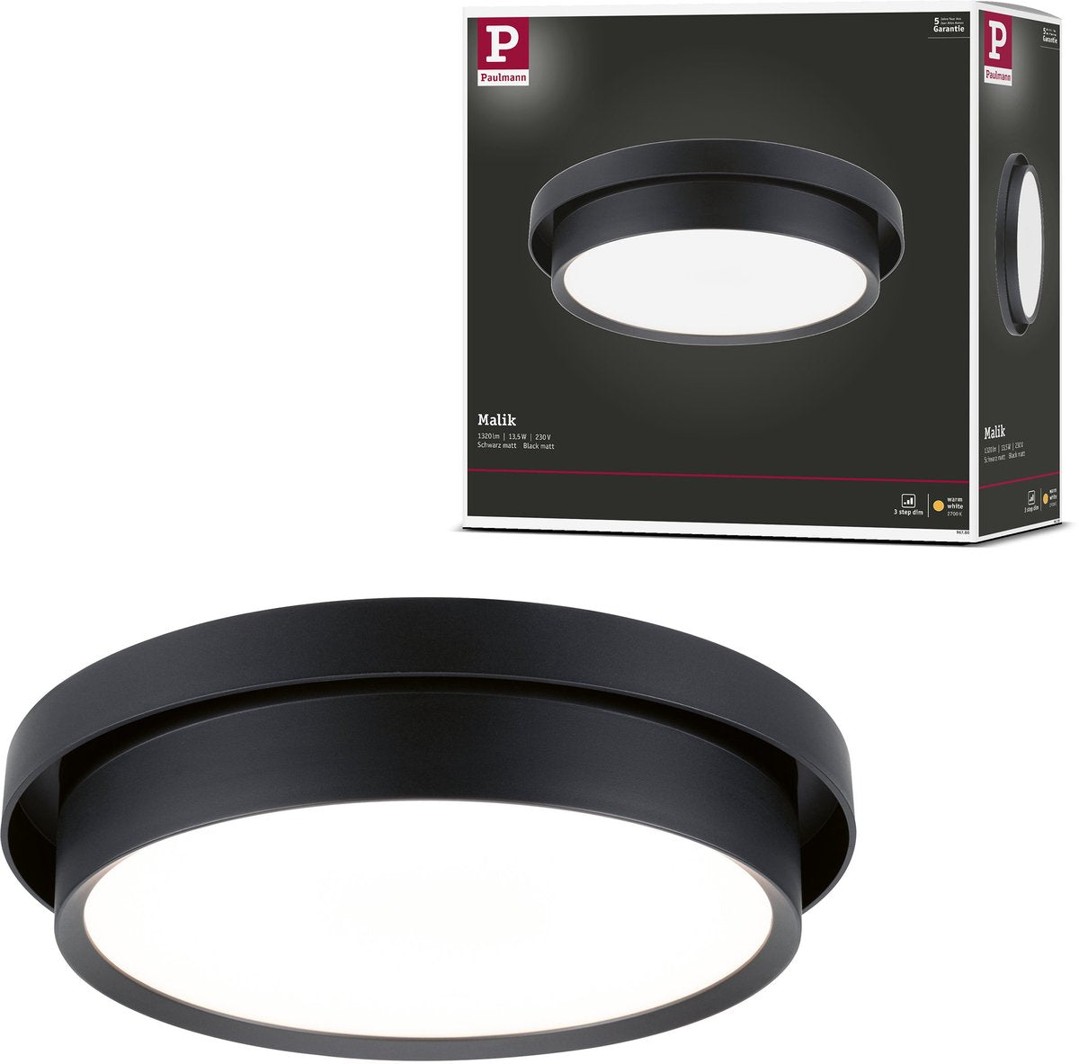Paulmann LED Deckenleuchte 3-Stufen-Dim Malik 2700k 850lm 230V 13,5W dimmbar schwarz matt