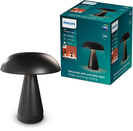 Philips led philips mycena tafellamp - instelbare kleurtemperatuur - dimbaar - draagbaar - oplaadbaar via usb-c - zwart - 2w